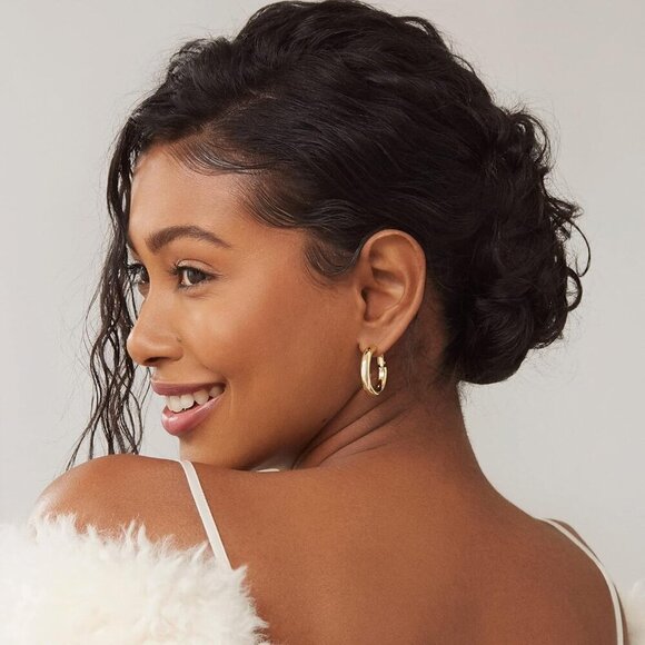 Sterling Silver Post Hoops 14K Gold Plated Thick Lightweight Earrings Women - Picture 4 of 5